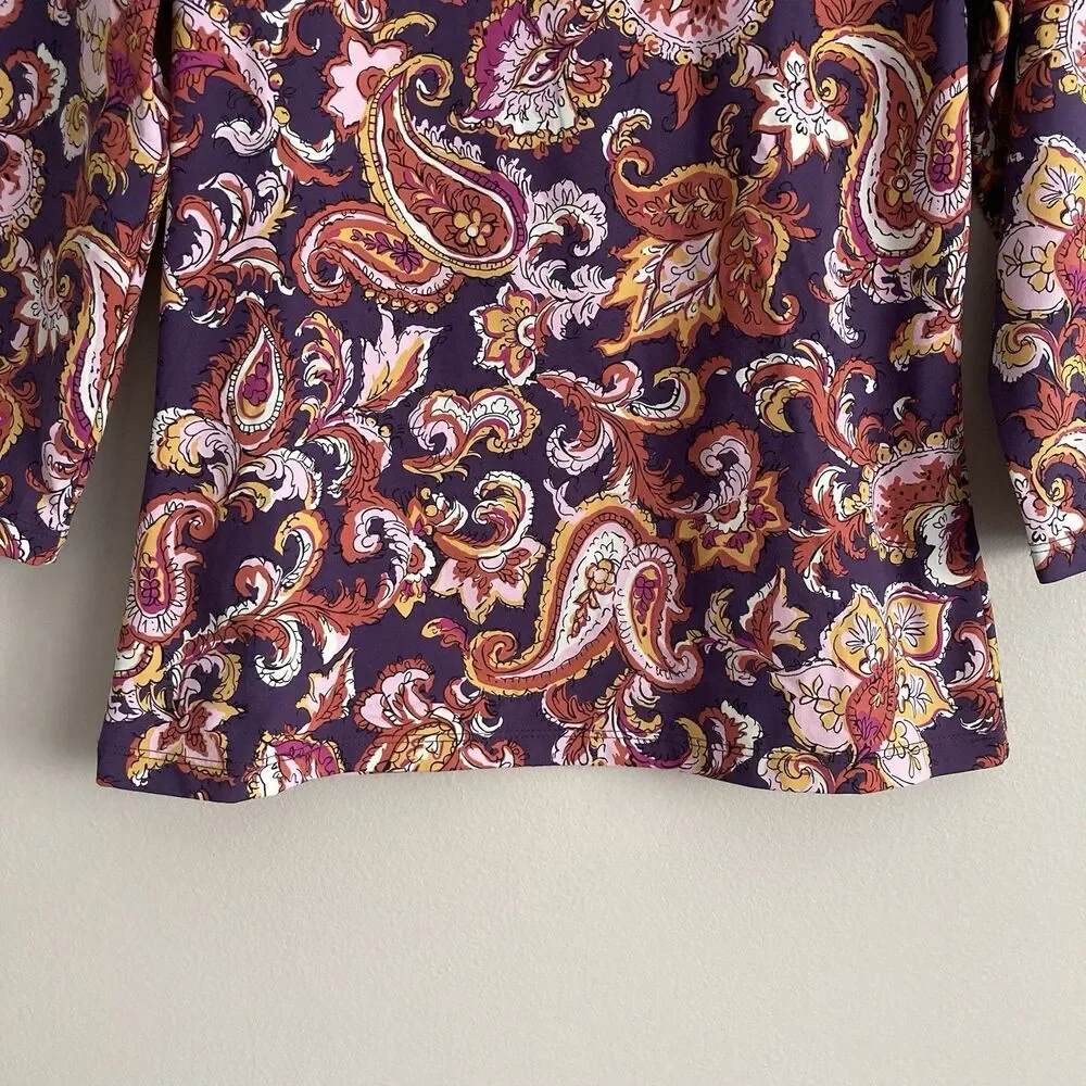 J. McLaughlin Catalina Cloth Purple Paisley Print Top Size Small Stretch Comfort